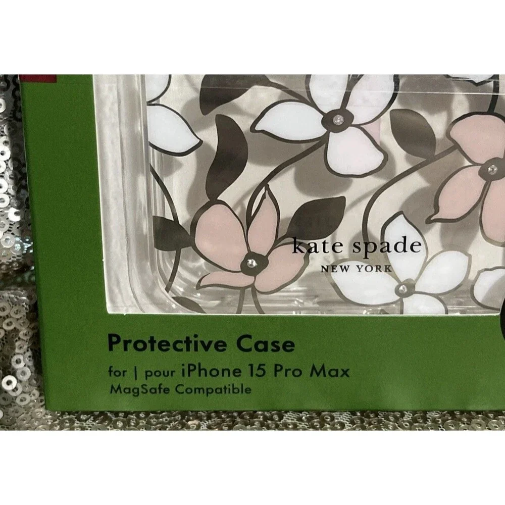 Kate Spade Phone Case for iPhone 15 Pro Max Pink White Floral Blingy NIB New